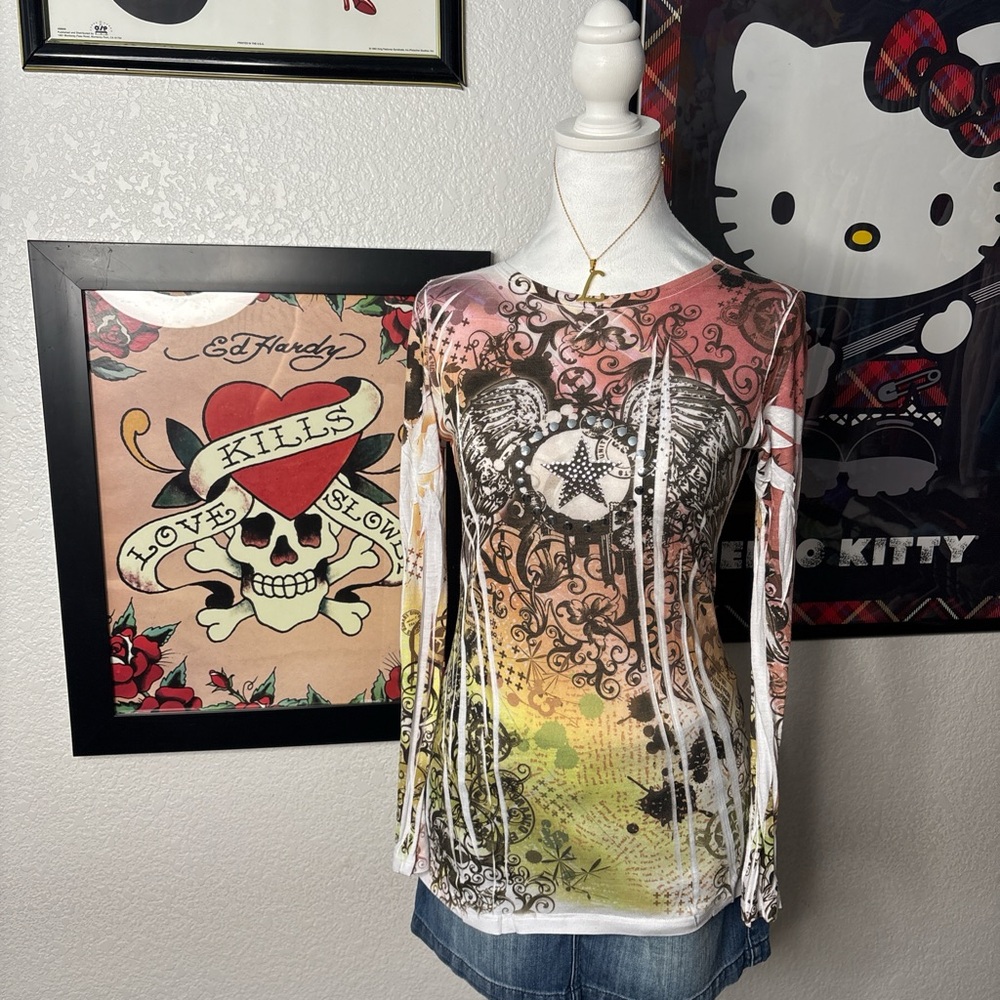 Katydid Long Sleeve Graphic Tee in Pink, Yellow, Green
